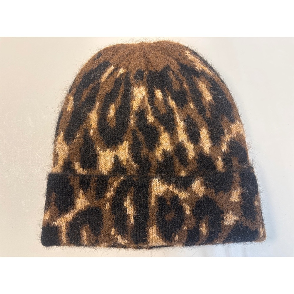 House of Harlow 1960 Leopard Print Fuzzy Knit Beanie Brown Tan Black One Size
